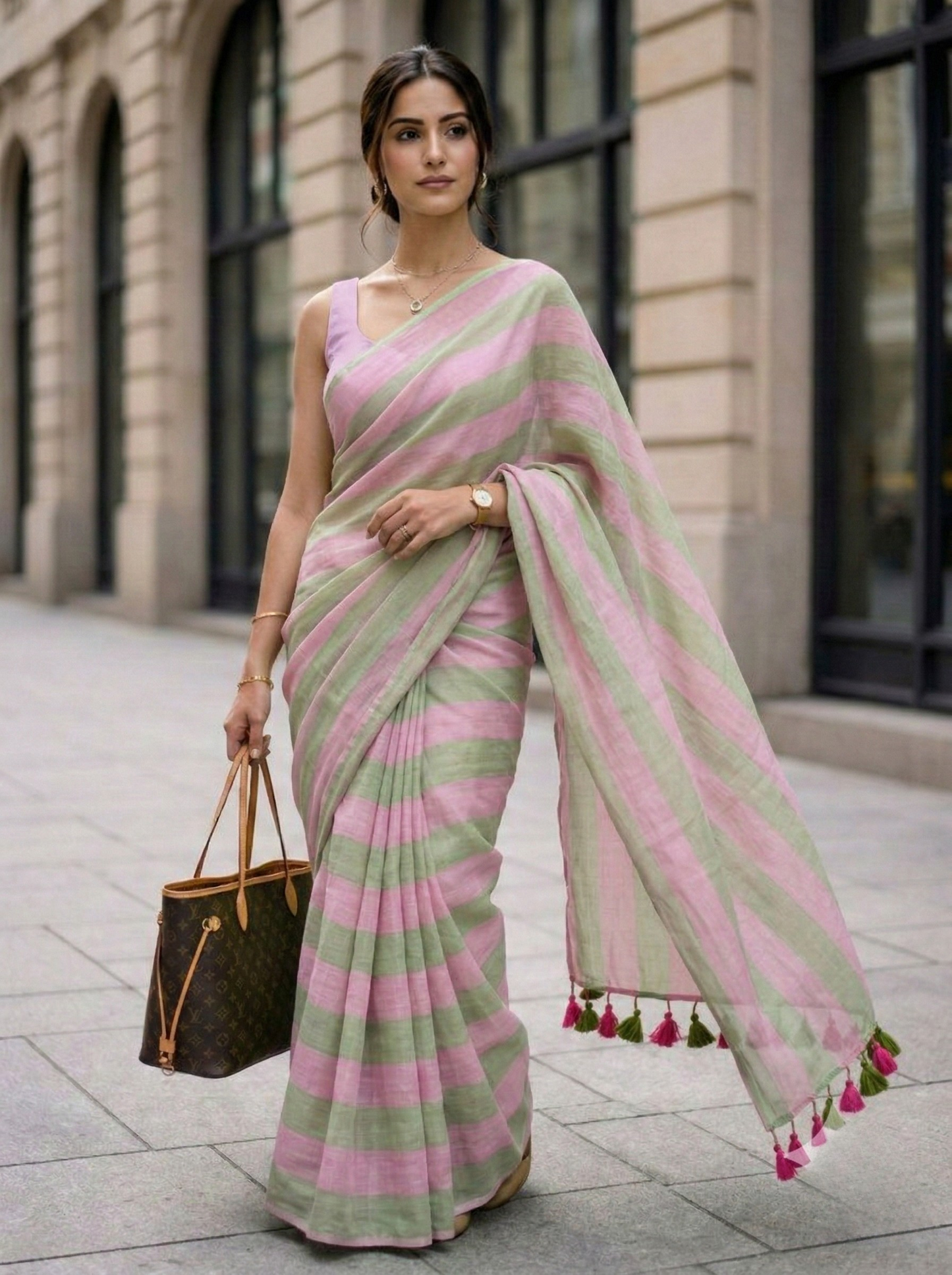 Cassata - Pink Green Striped Mulmul Cotton Saree