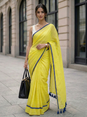Butter Yellow - Mulmul Cotton Saree with Blue Border