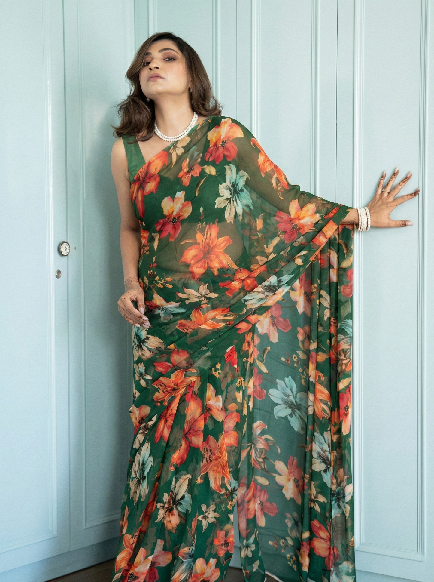 Orelia - Green Floral Print Pure Chiffon Saree