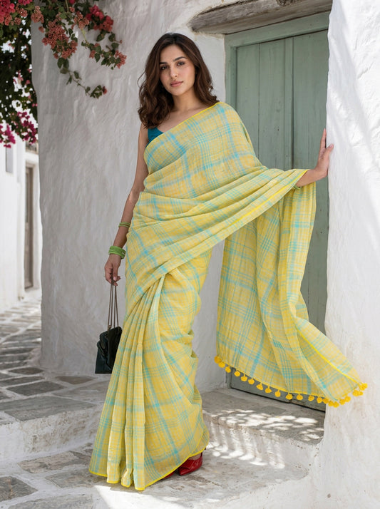 Out & About - Yellow Striped Pure Handloom Linen Saree