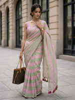Cassata - Pink Green Striped Mulmul Cotton Saree