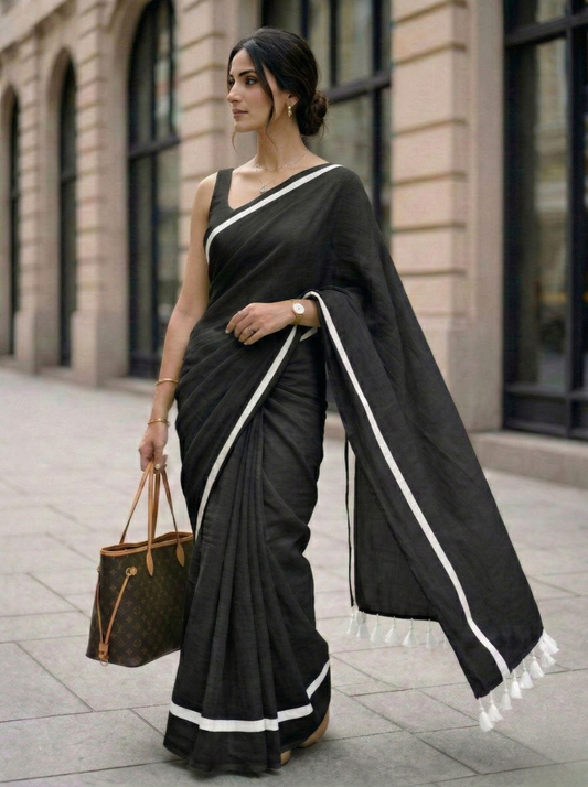 Wabi Sabi - Black Mulmul Cotton Saree with White Border