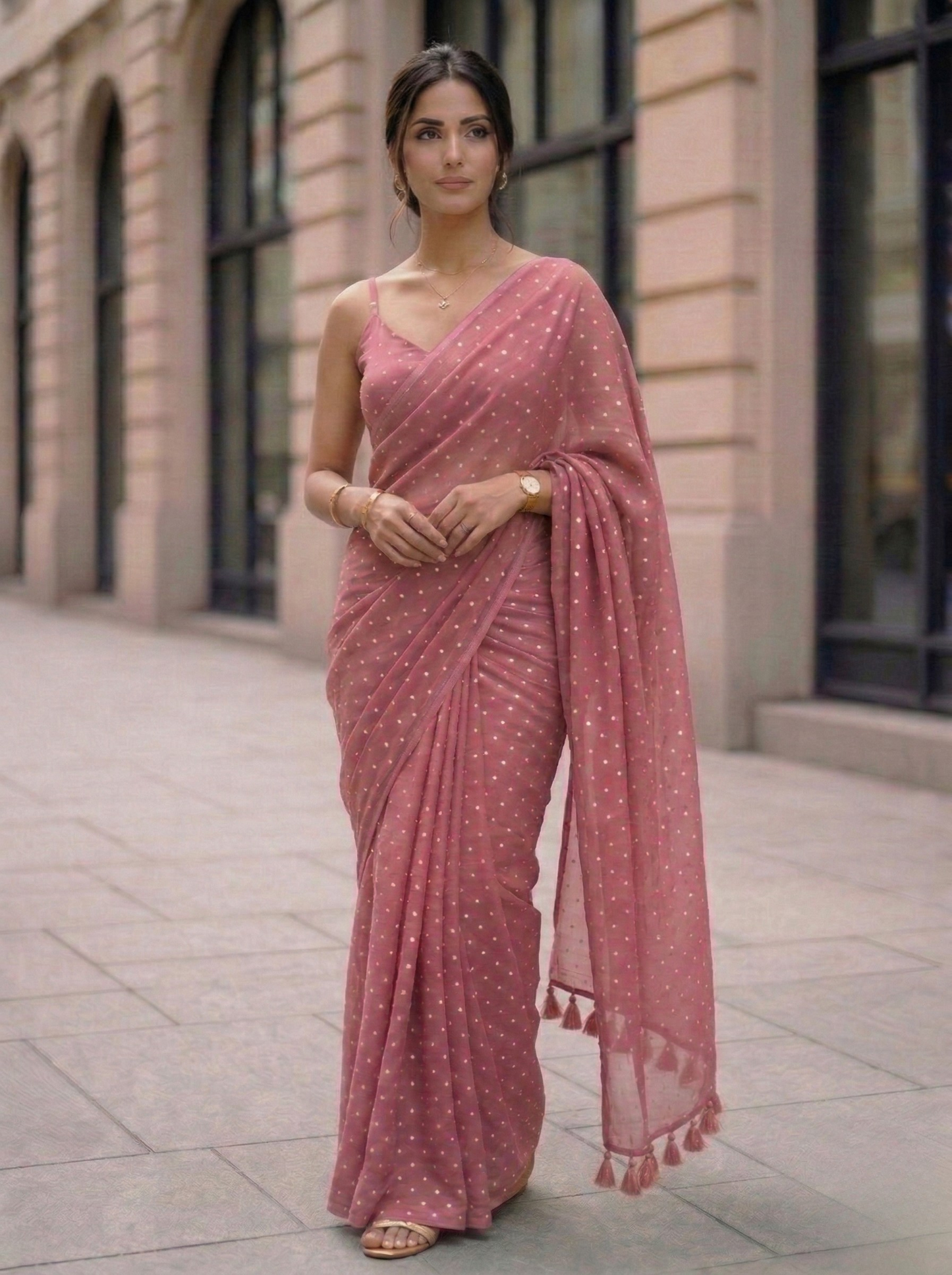 Vintage Speckle - Dusty Rose Polka Dot Modal Cotton Saree