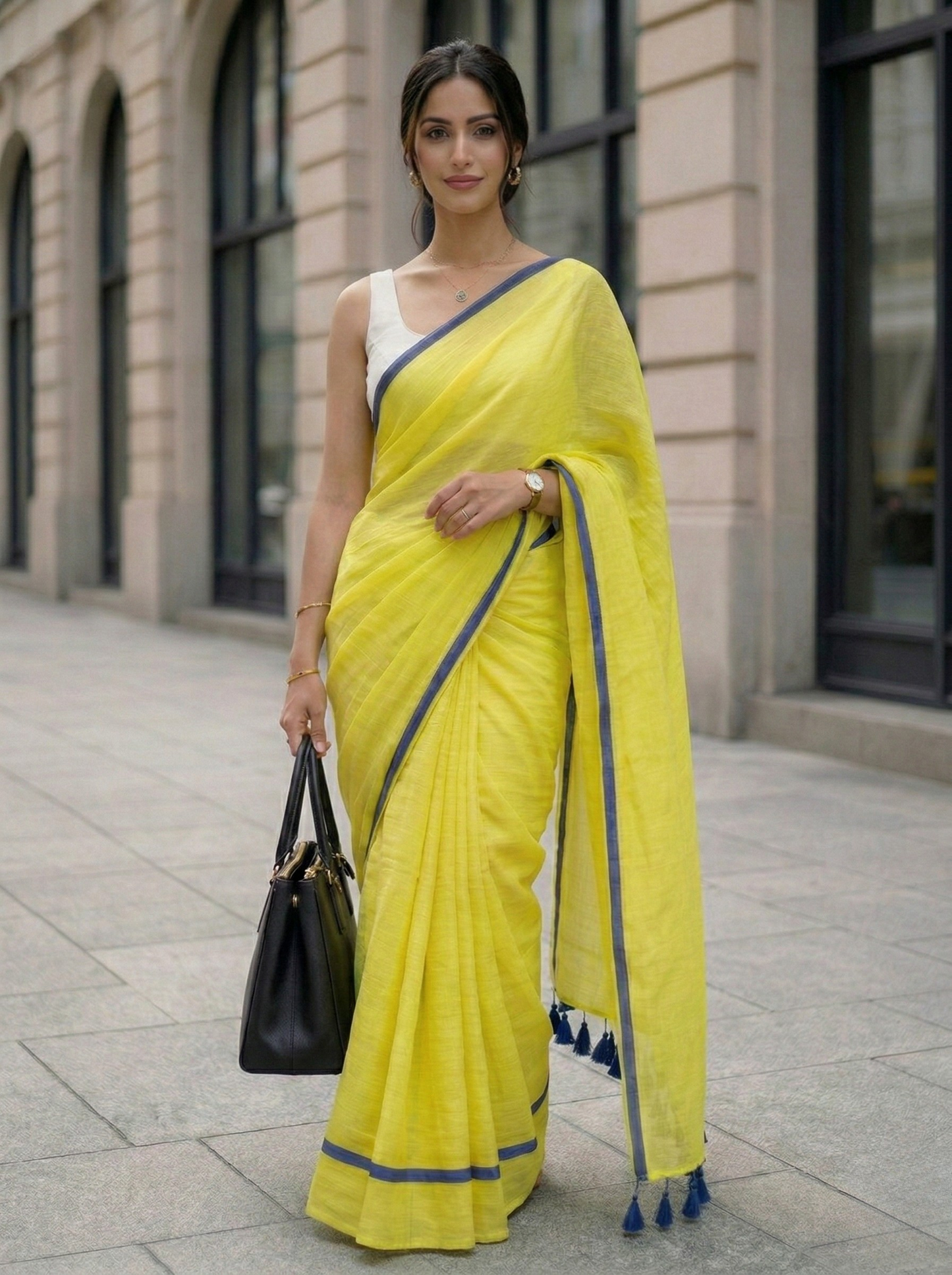 Butter Yellow - Mulmul Cotton Saree with Blue Border