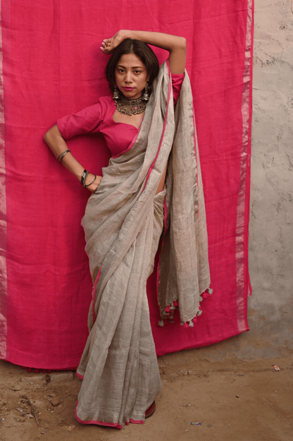 Ivory Handloom Linen Saree