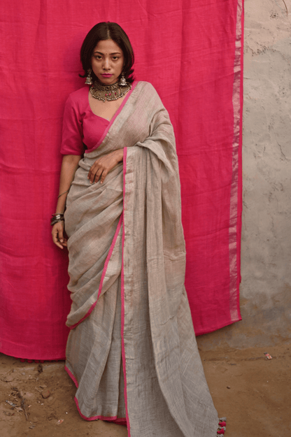 Ivory Handloom Linen Saree