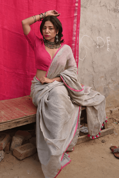 Ivory Handloom Linen Saree