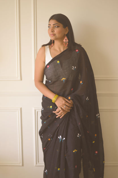Gardenalia Black Mulmul Saree - Mayin India 