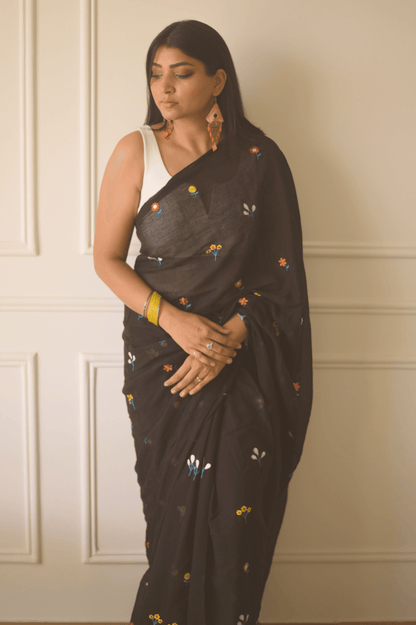 Gardenalia Black Mulmul Saree - Mayin India 