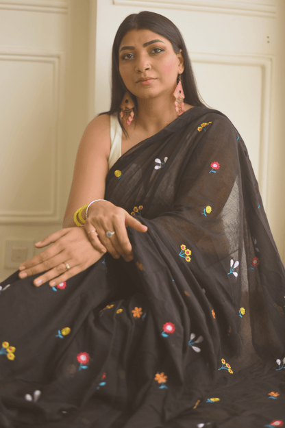 Gardenalia Black Mulmul Saree - Mayin India 