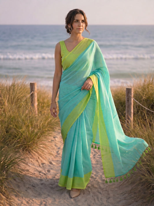 Citrus Shift - Turquoise Pure Mulmul Cotton Saree