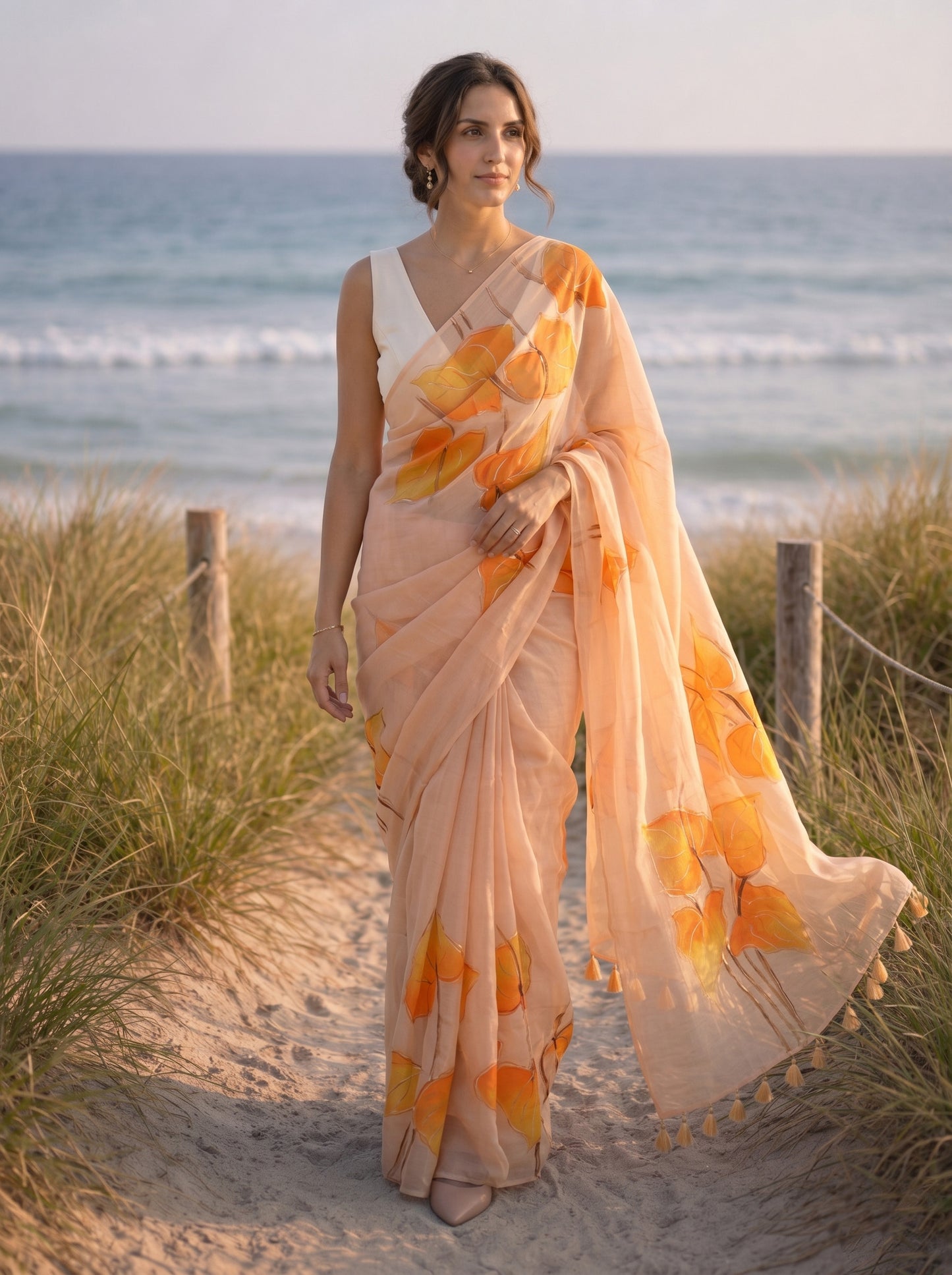 Anthuria- Beige Handpainted Mulmul Saree