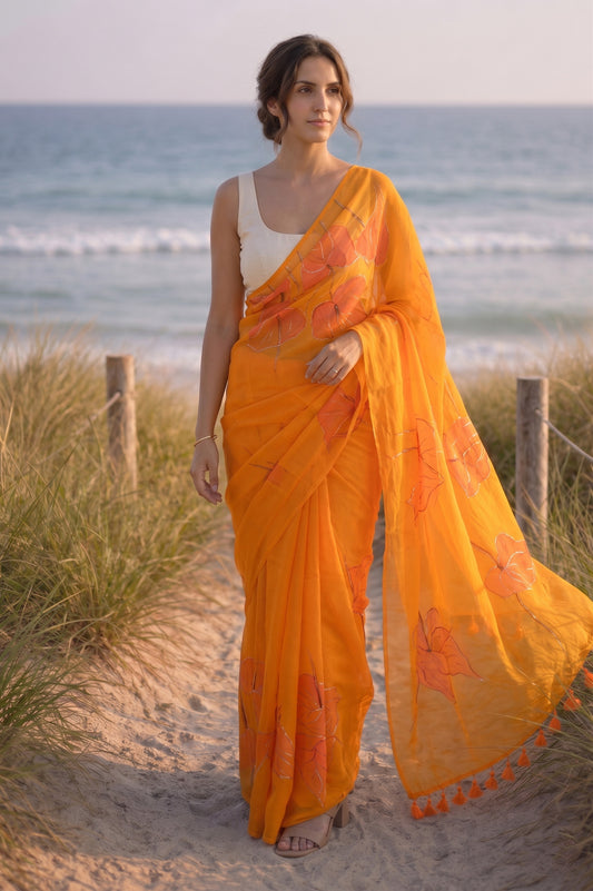 Anthuria- Orange Handpainted Mulmul Saree