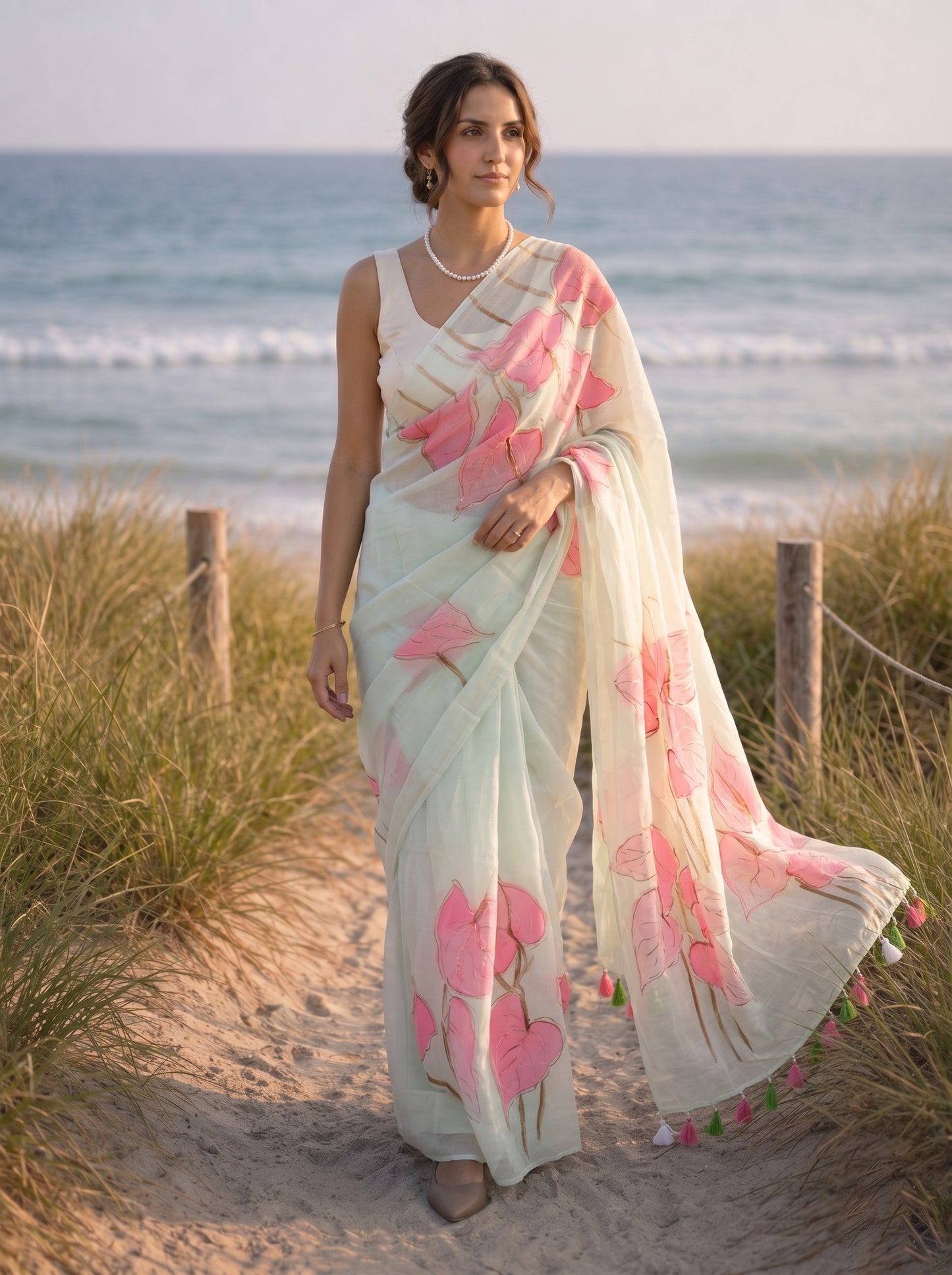 Anthuria- Mint Handpainted Mulmul Saree