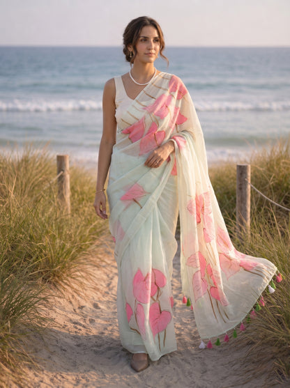 Anthuria- Mint Handpainted Mulmul Saree