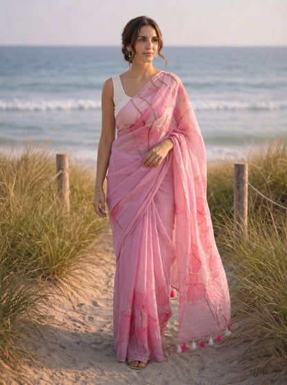 Anthuria- Blush Pink Handpainted Mulmul Saree