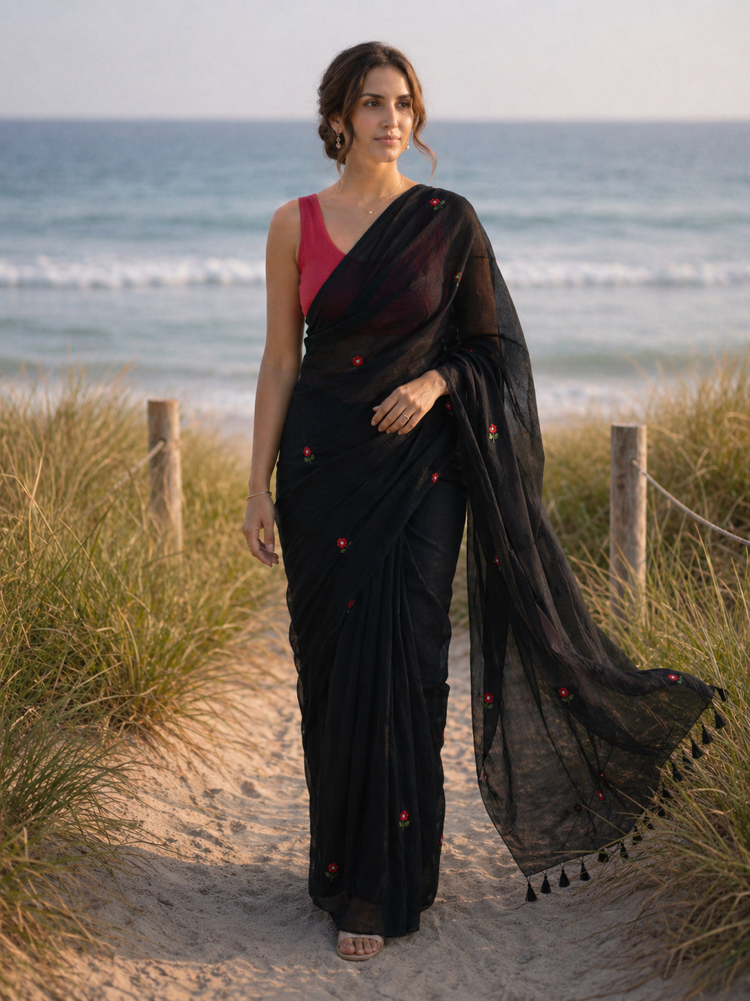 Periwinkle - Handembroidered Black Mulmul Cotton Saree