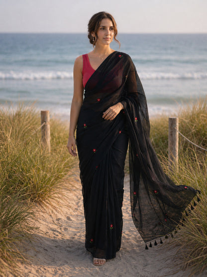 Periwinkle - Handembroidered Black Mulmul Cotton Saree