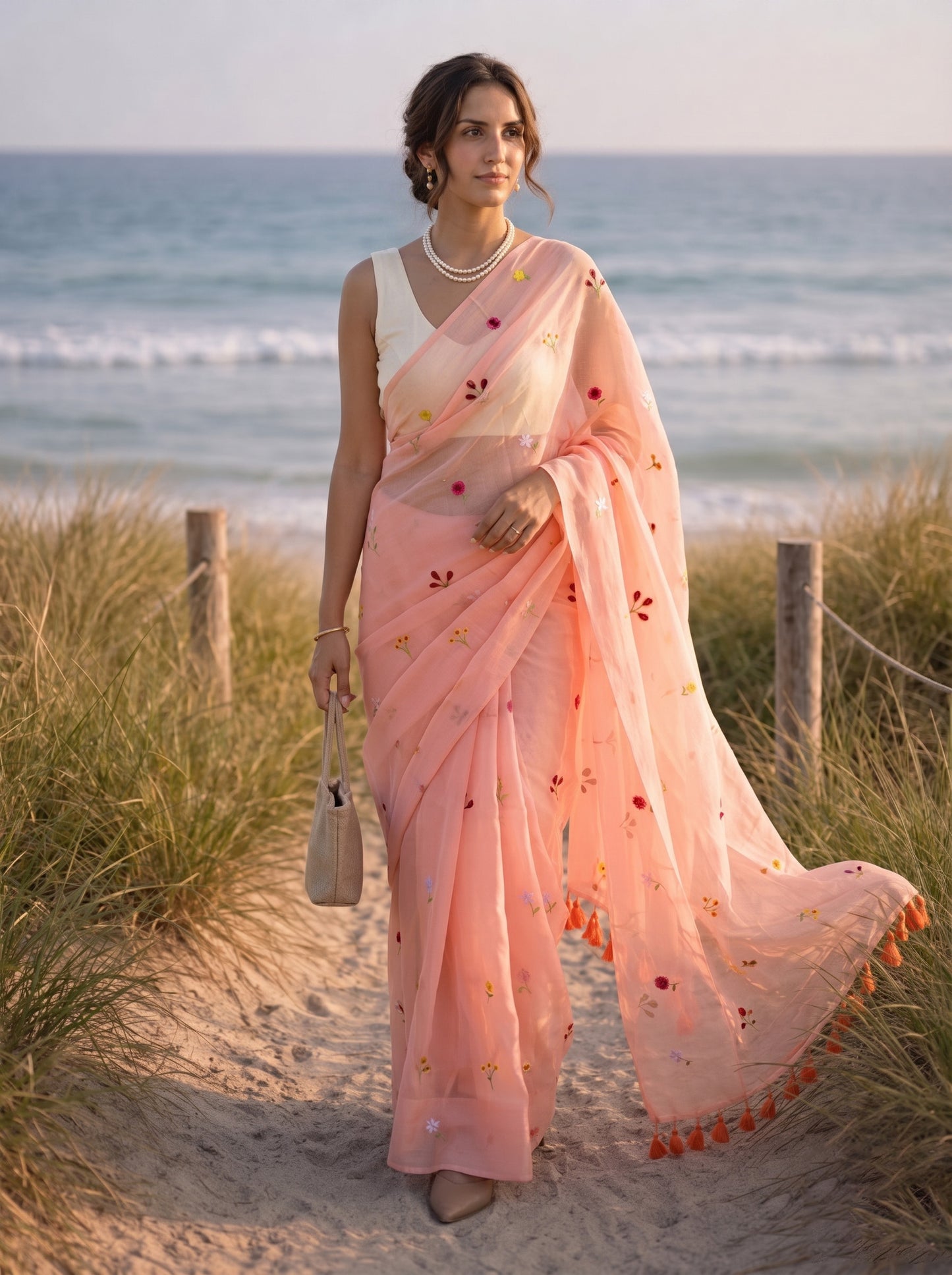 Gardenalia Peach - Embroidered Pure Mulmul Cotton Saree
