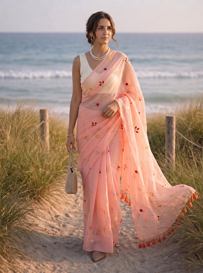 Gardenalia Peach - Embroidered Pure Mulmul Cotton Saree
