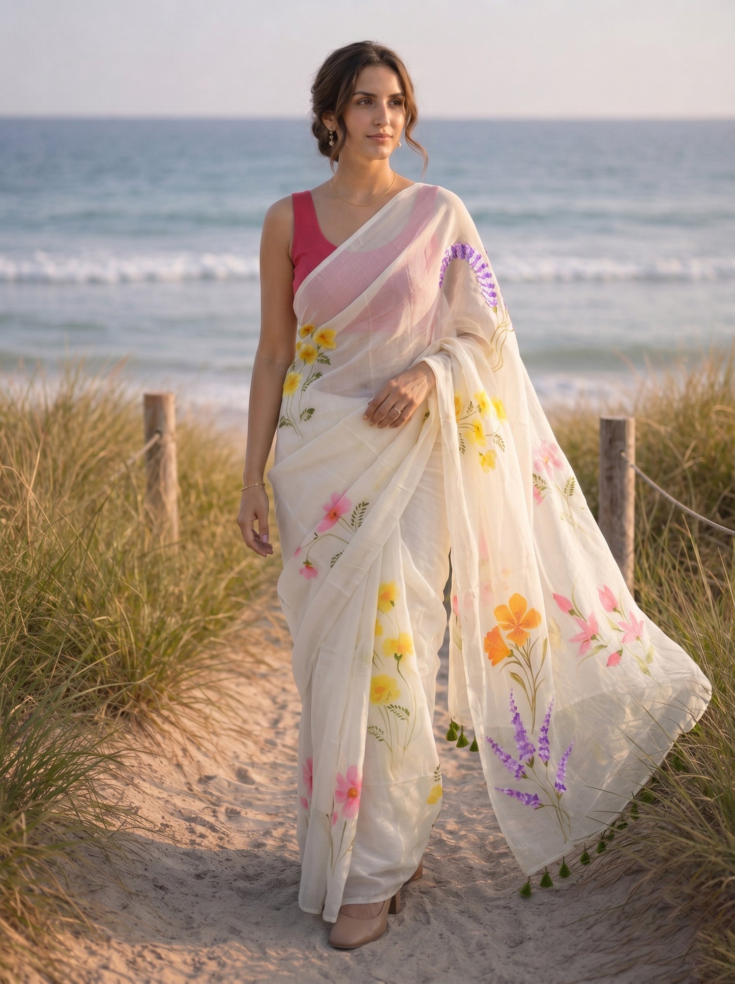 Cream Canvas- Handpainted Mulmul Saree