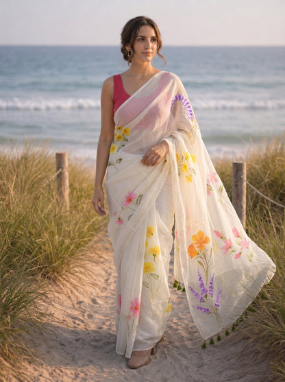 Cream Canvas- Handpainted Mulmul Saree