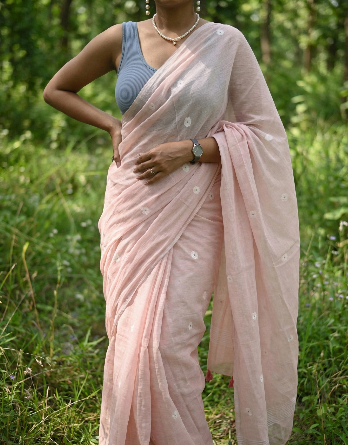 Feather Pink Muslin Handloom Jamdani Saree