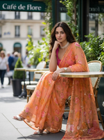 Vintage Orange - Floral Printed & Embroidered Chiffon Saree