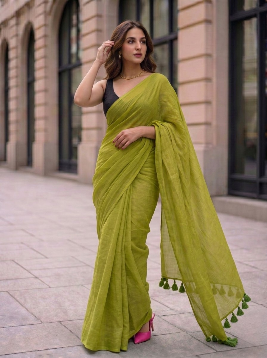Olive Oasis - Plain Green Mul Cotton Saree