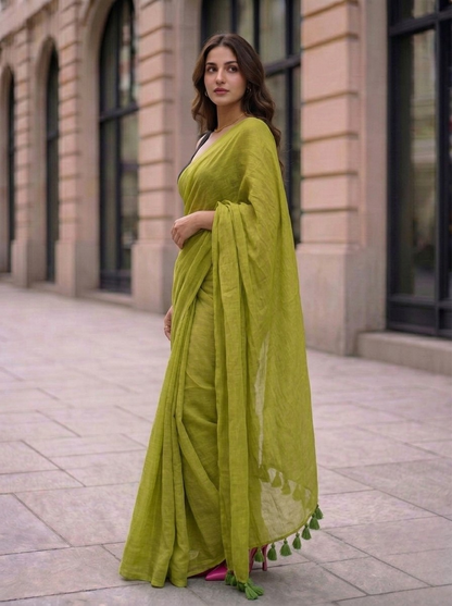 Olive Oasis - Plain Green Mul Cotton Saree