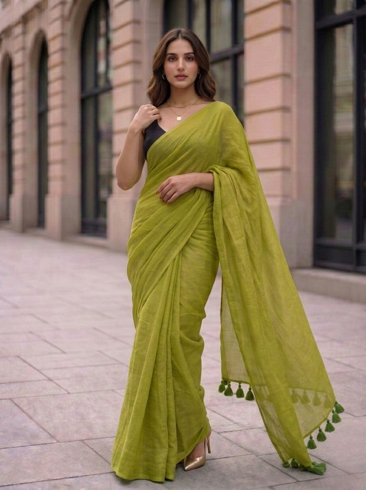 Olive Oasis - Plain Green Mul Cotton Saree