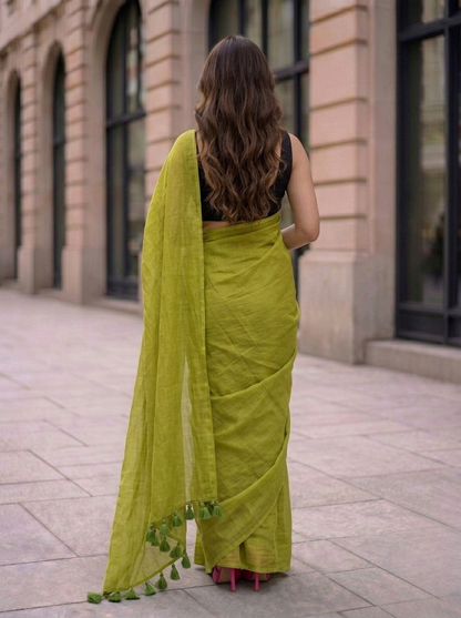 Olive Oasis - Plain Green Mul Cotton Saree