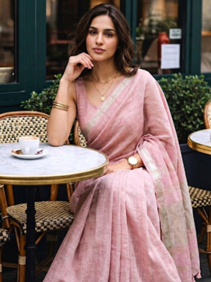Poise - Pink Pure Handloom Linen Saree with Zari border