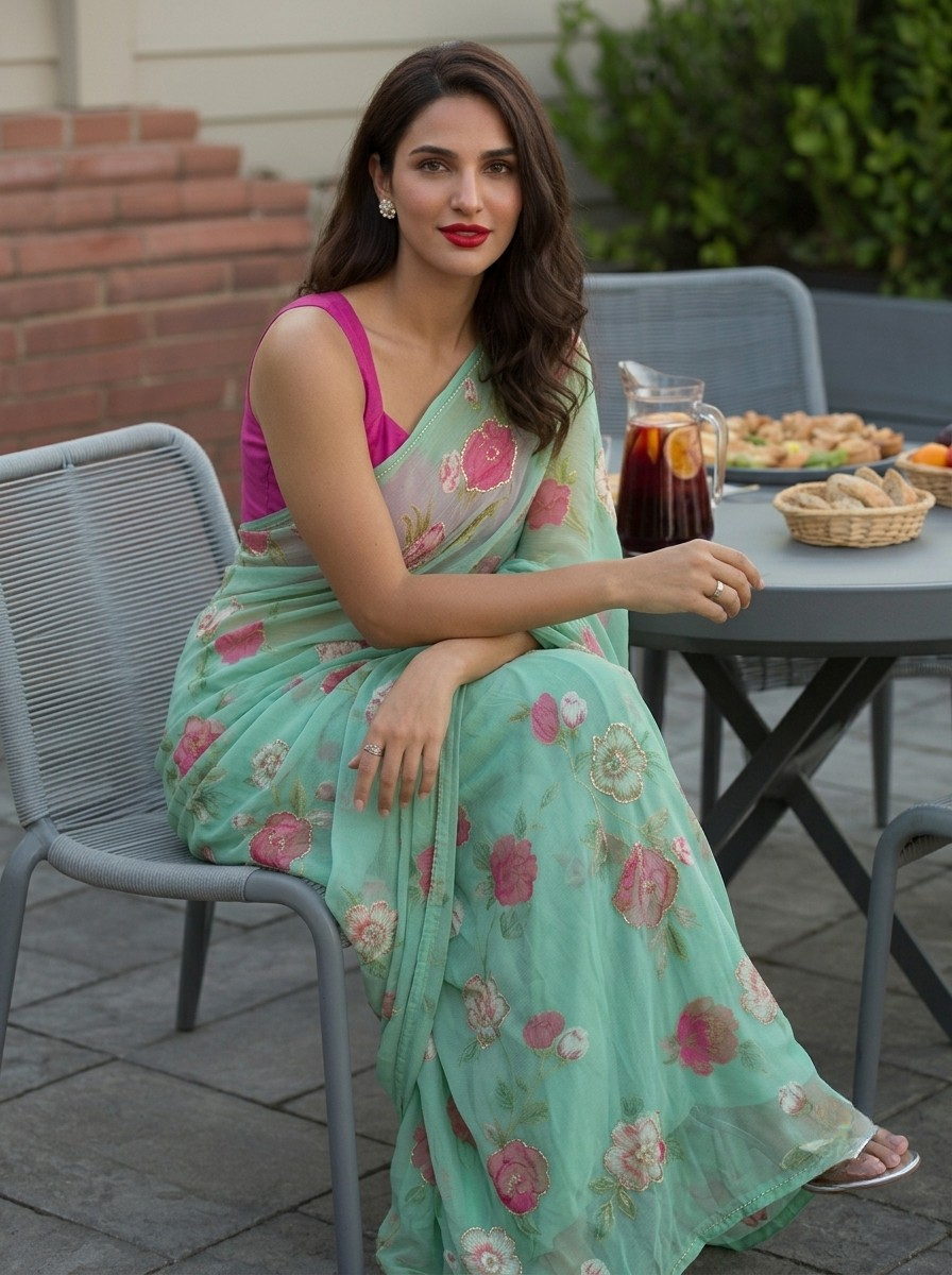 Vintage Aqua - Floral Printed & Embroidered Chiffon Saree