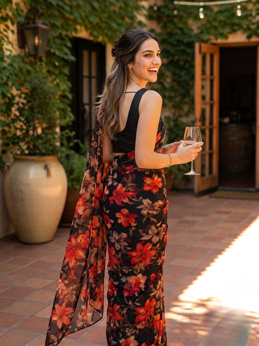 Noxana - Black Floral Print Pure Chiffon Saree