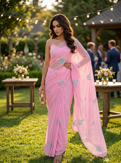 Florise - Pink Floral Printed & Embroidered Chiffon Saree