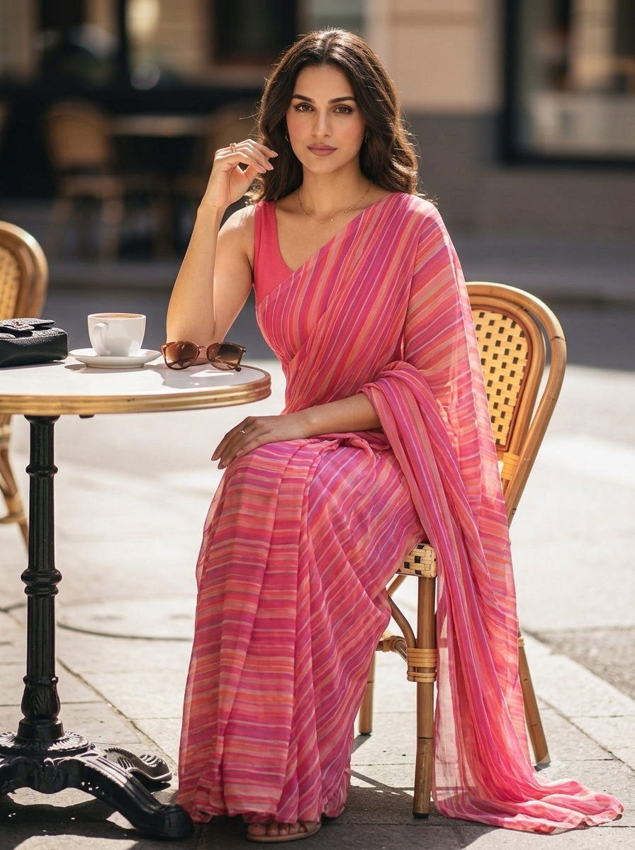 Rouge Waves - Pink Leheriya Pure Chiffon Saree