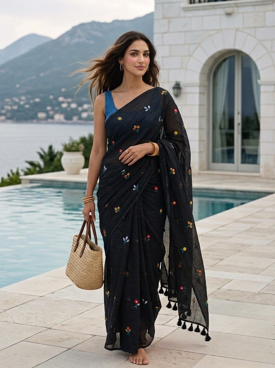 Gardenalia Black - Embroidered Mulmul Cotton Saree