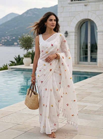 Gardenalia White - Embroidered Mulmul Cotton Saree