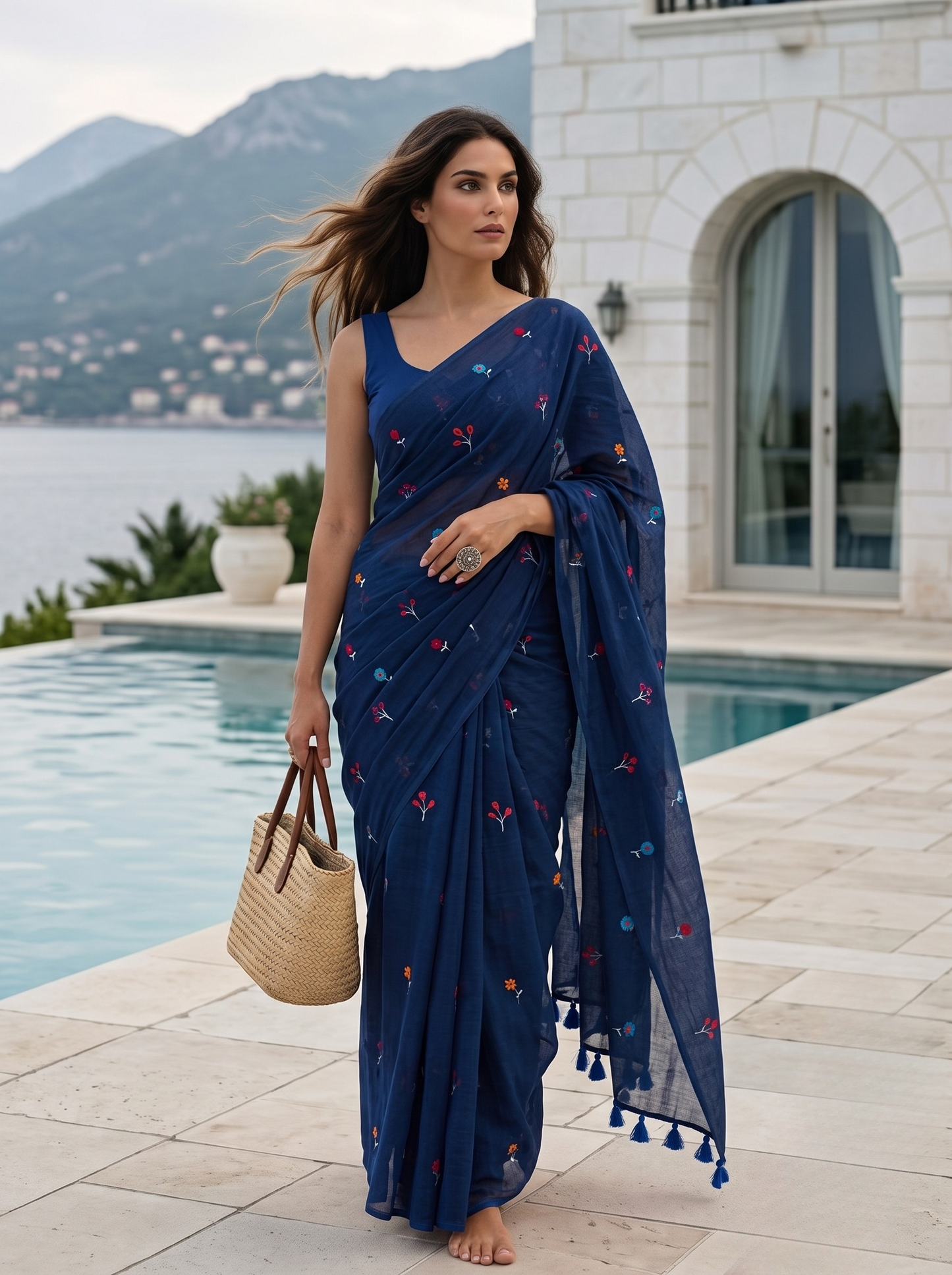 Gardenalia Royal Blue - Embroidered Mulmul Cotton Saree