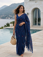 Gardenalia Royal Blue - Embroidered Mulmul Cotton Saree