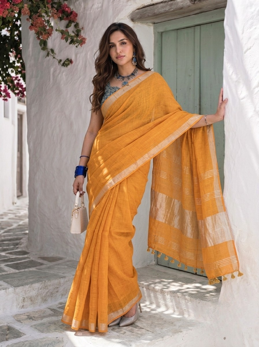 Golden Hour - Mustard Yellow Pure Handloom Linen Saree with Zari Border