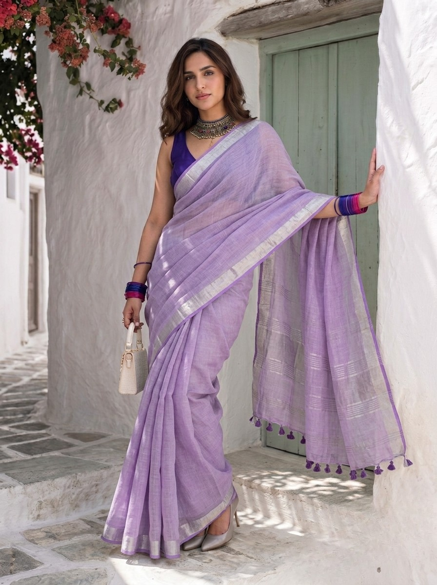 Calm - Lavender Purple Pure Handloom Linen Saree with Zari Border