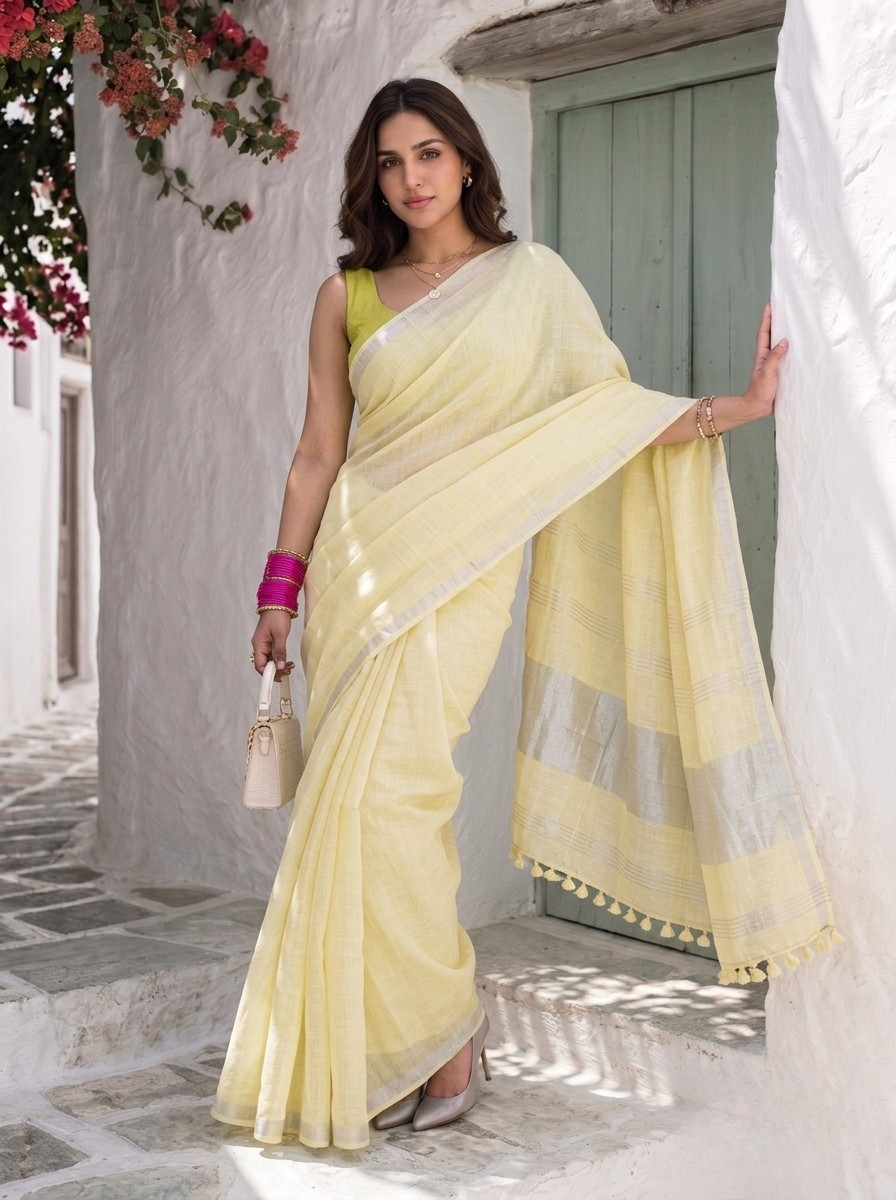 Buttercream - Yellow Pure Handloom Linen Saree with Zari border