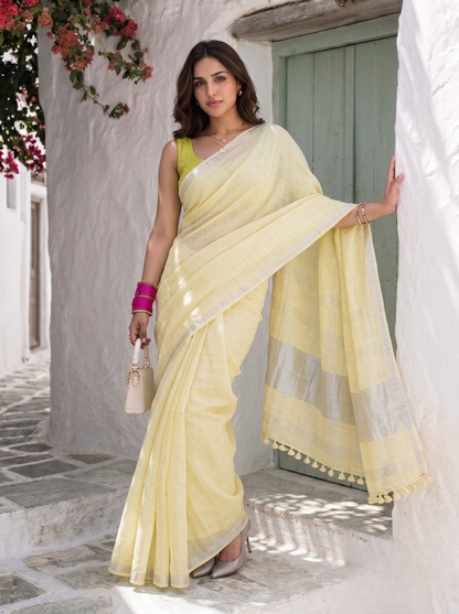 Buttercream - Yellow Pure Handloom Linen Saree with Zari border