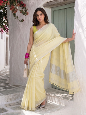 Buttercream - Yellow Pure Handloom Linen Saree with Zari border