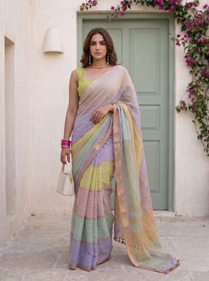Daybreak - Multicolour Striped Pure Handloom Linen Saree