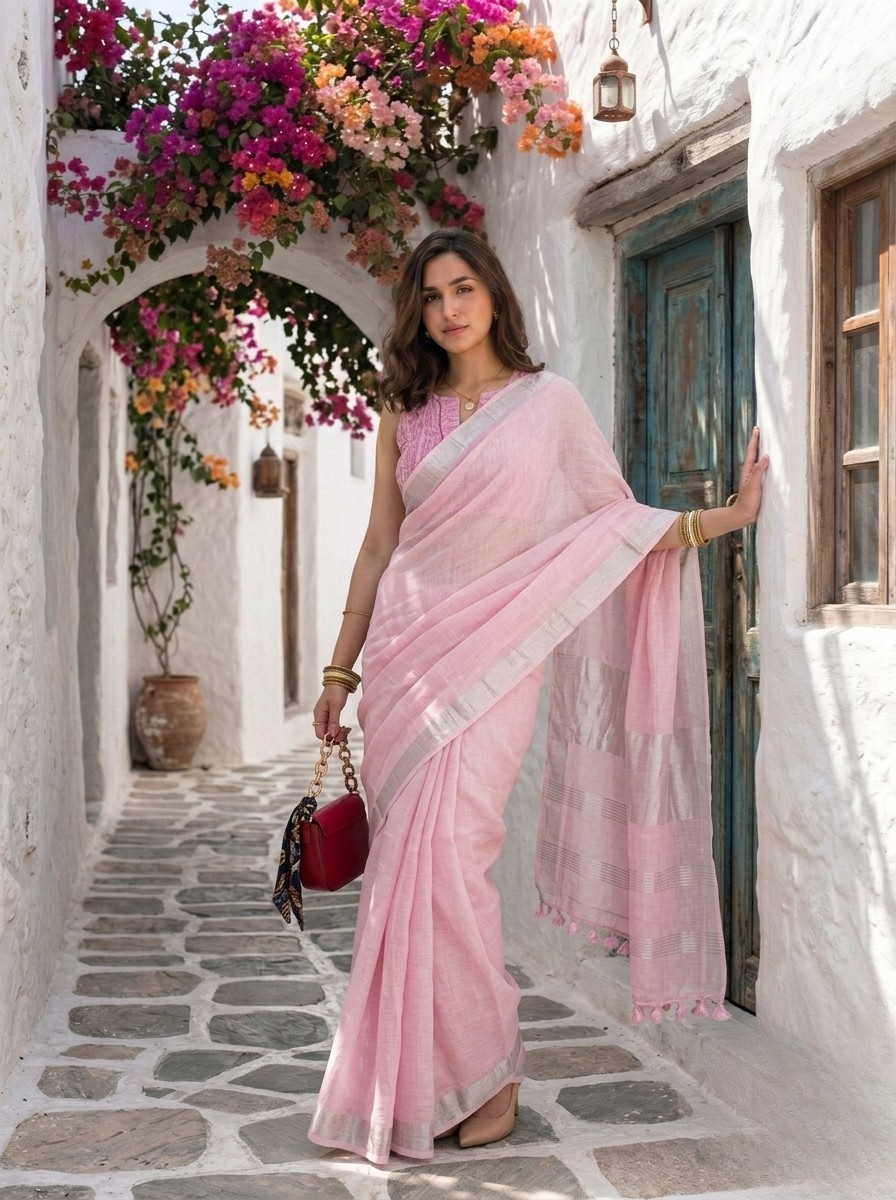 First Light powder pink handloom linen saree with zari border, MAYIN India