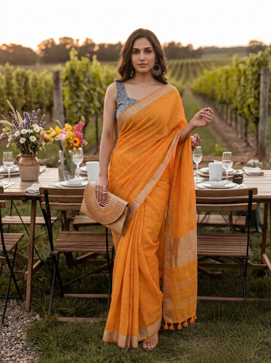 Golden Hour - Mustard Yellow Pure Handloom Linen Saree with Zari Border