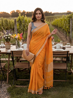 Golden Hour - Mustard Yellow Pure Handloom Linen Saree with Zari Border
